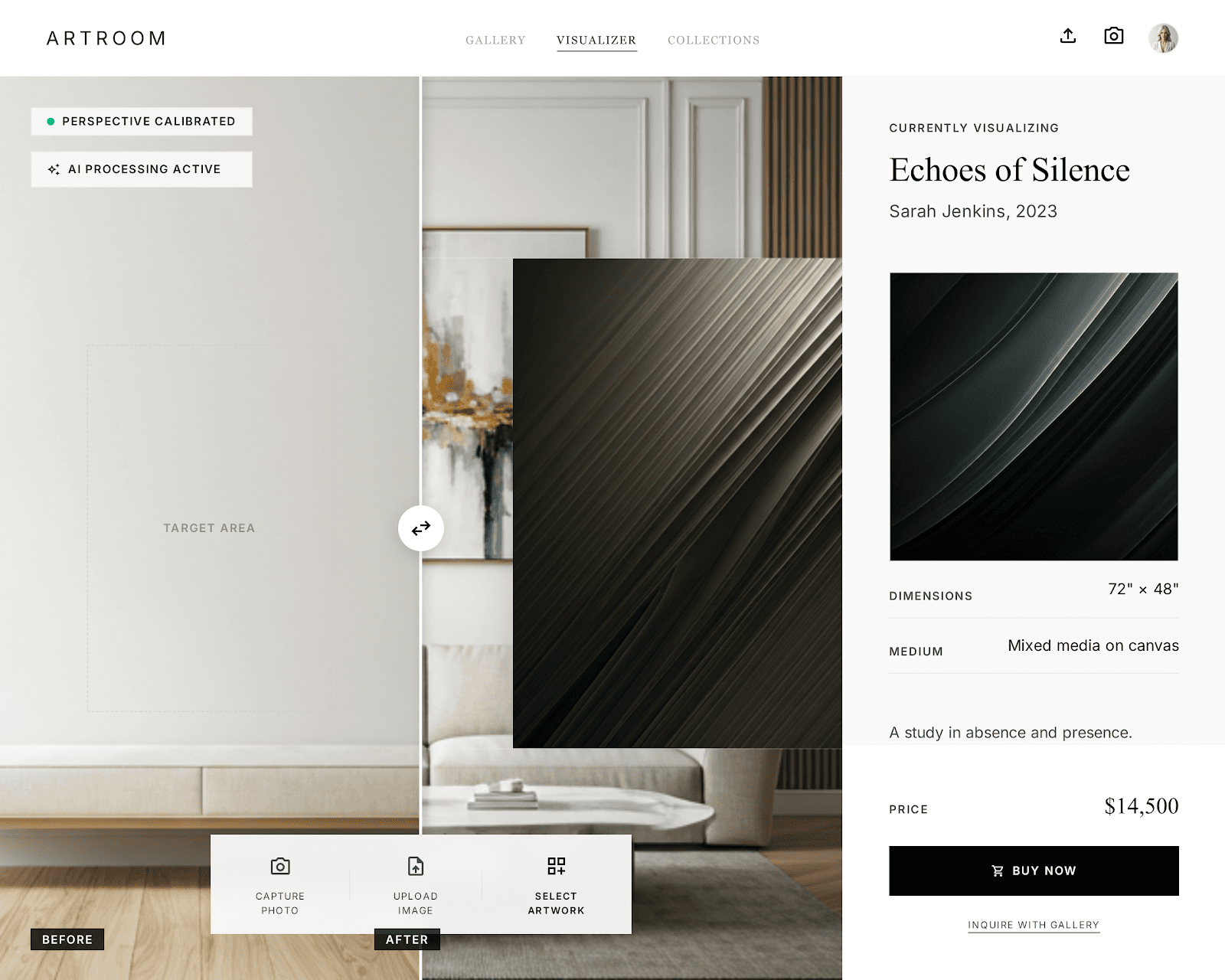 Showroom virtual ArtRoom con obra a escala real y llamada de compra